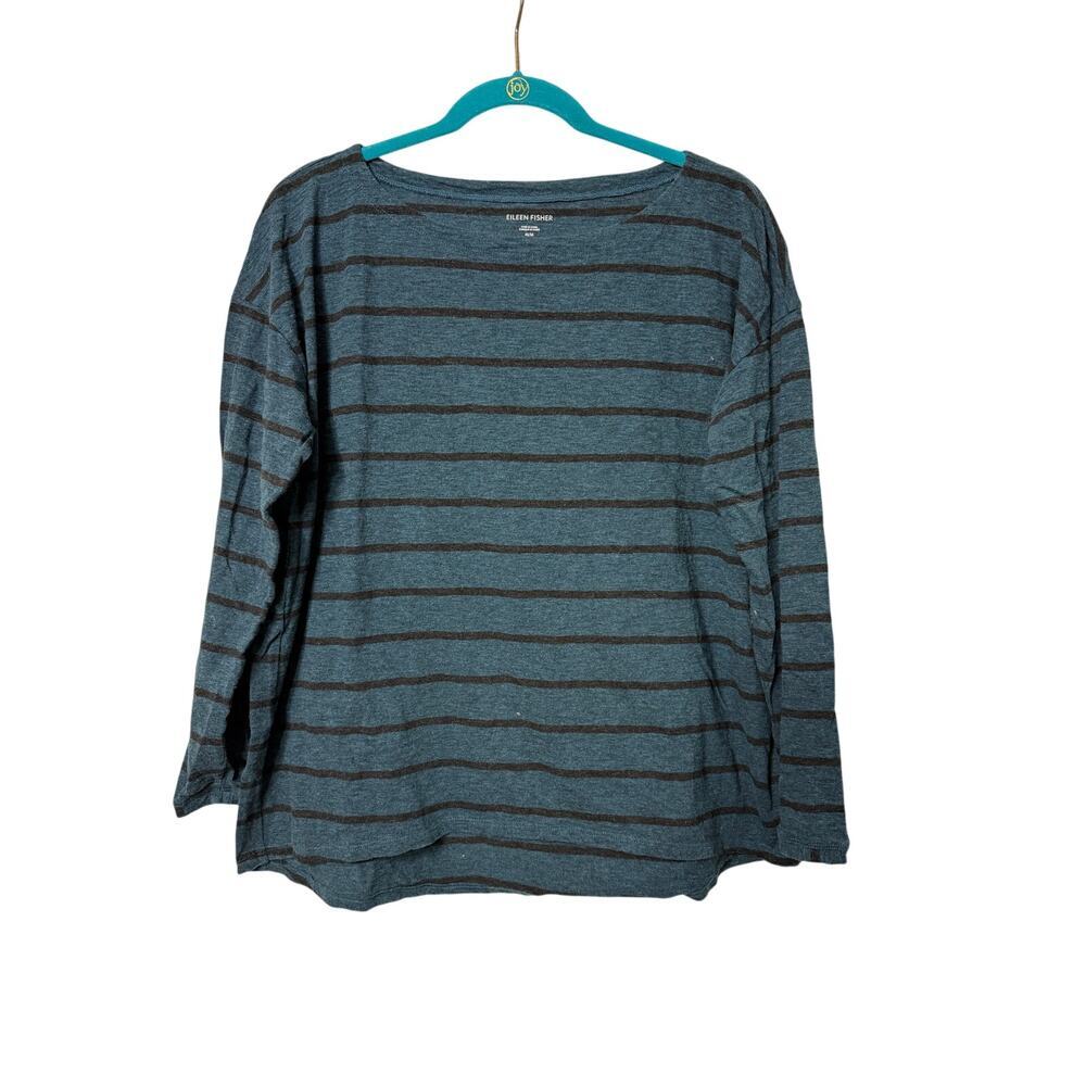 Eileen Fisher Blue Black Striped Boatneck Long Sleeve Top Sz M